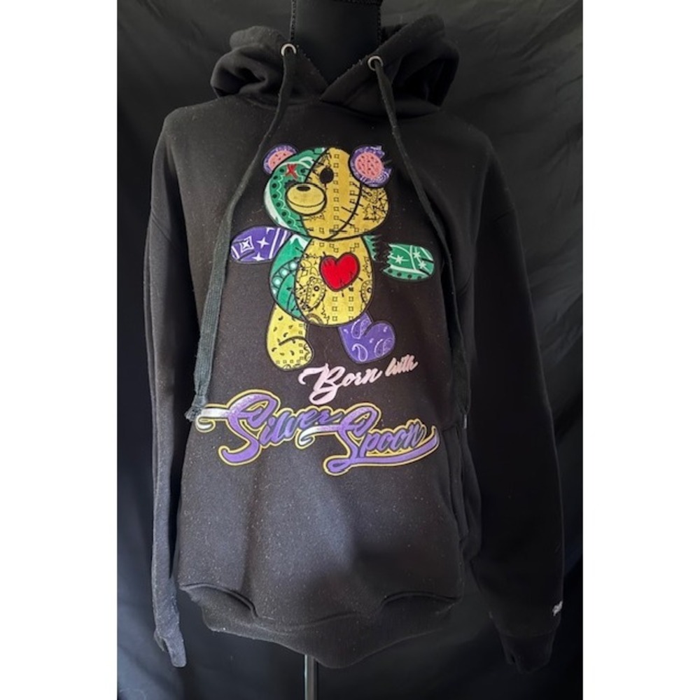 Bleecker & Mercer Mens Black Born with Silver Spoon Patchwork Teddy Bear Hoodie